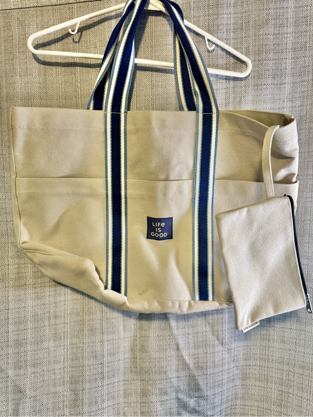 Life Is Good Canvas Tote in Cream with Navy and Light Blue Straps